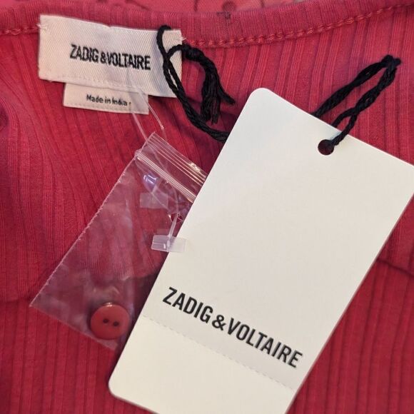 Zadig & Voltaire Cropped Deep Rose Upper Heart Strass Ribbed Button Henley NWT - Picture 6 of 6